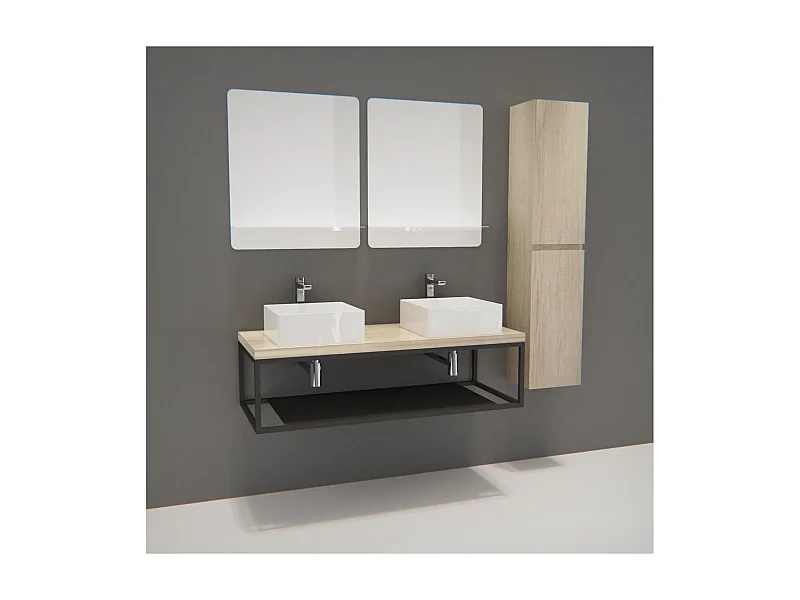 Meuble de Salle de Bain Bois et Métal WILL - Plan suspendu 120 cm + Structure métal + 2 Vasques + 2 Miroirs + Colonne