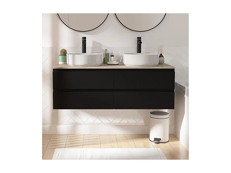 SORRENTO 120 cm Wand-Doppelspültisch mit Holzplatte, Becken und Wasserhähnen