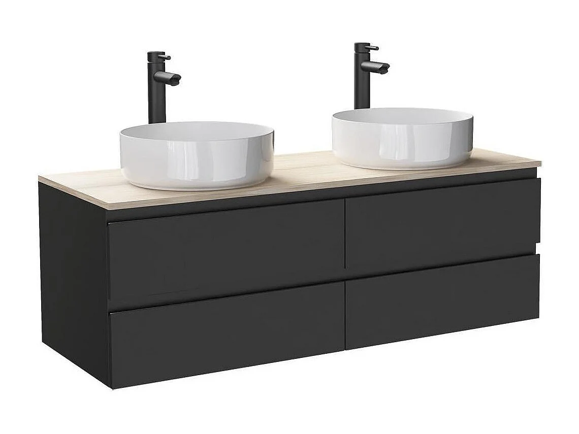 Ensemble double vasque suspendu avec plan bois, vasques et robinets 120 cm