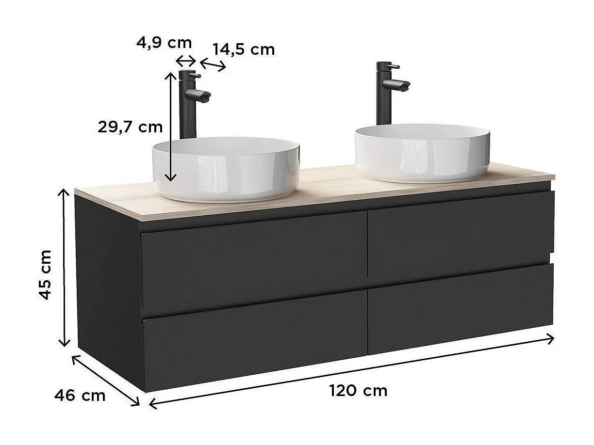 Ensemble double vasque suspendu avec plan bois, vasques et robinets 120 cm