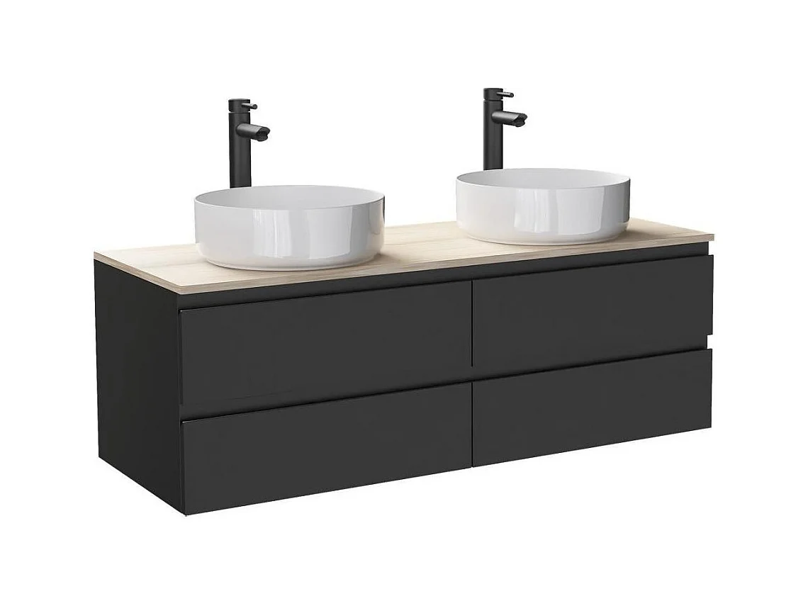 Ensemble double vasque suspendu avec plan bois, vasques et robinets 120 cm