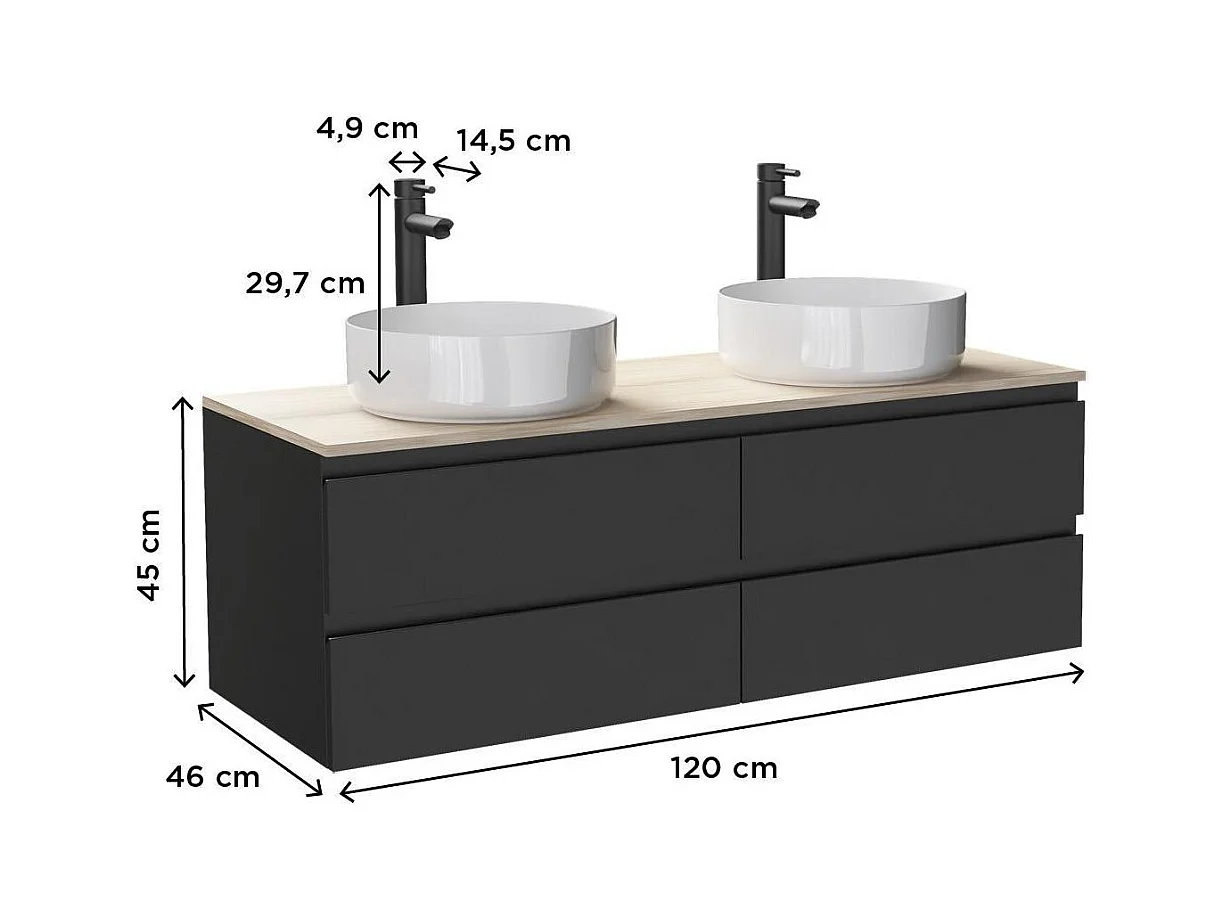 Ensemble double vasque suspendu avec plan bois, vasques et robinets 120 cm