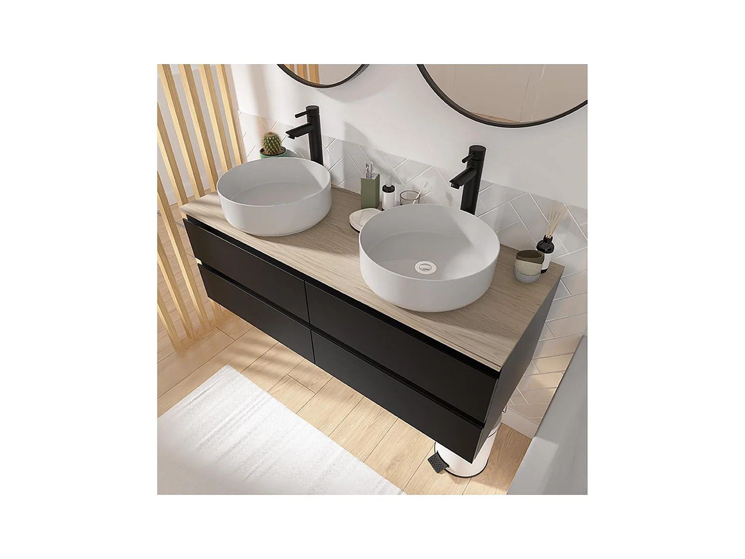 Ensemble double vasque suspendu avec plan bois, vasques et robinets 120 cm