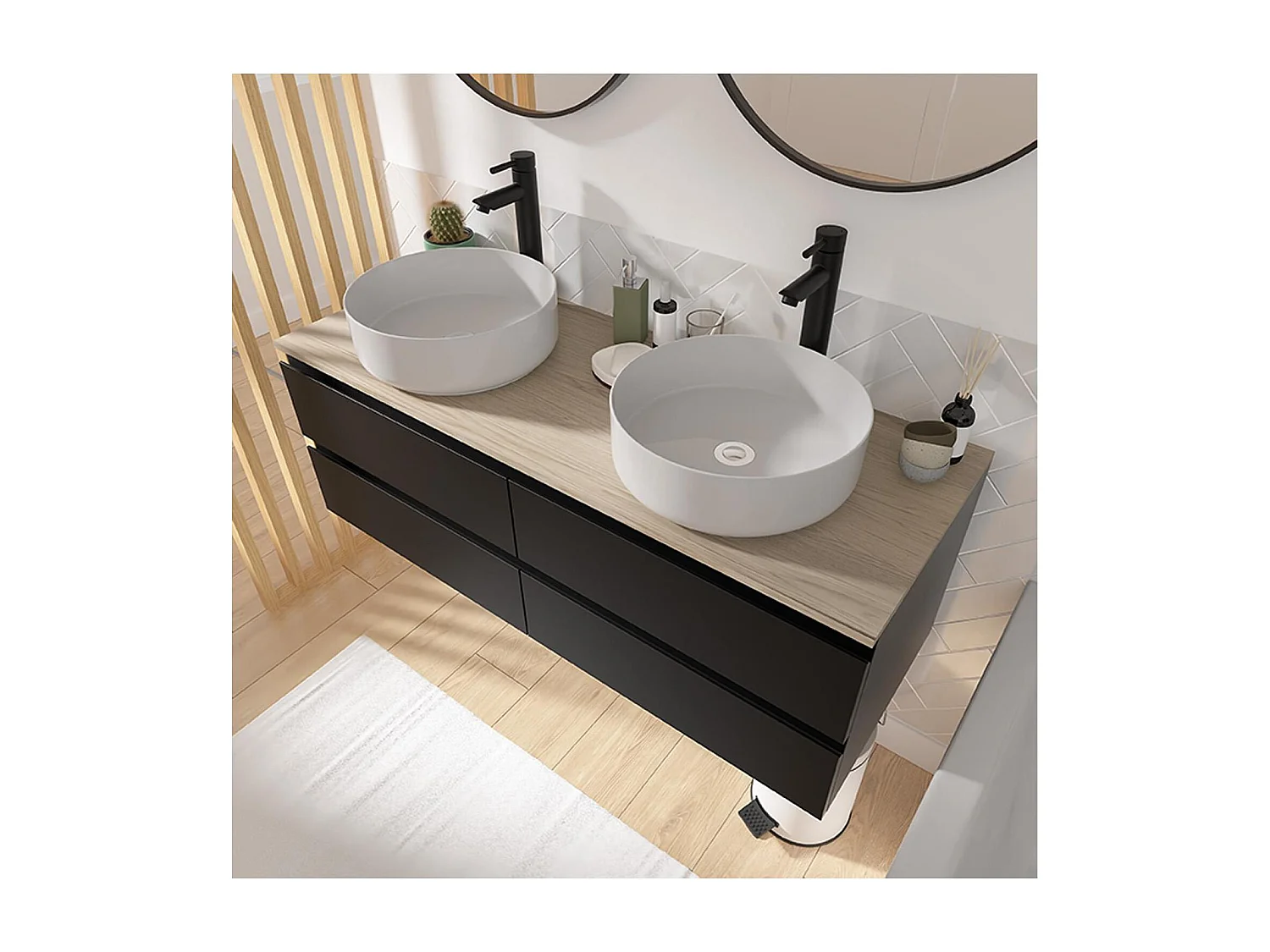 SORRENTO 120 cm wandgemonteerde dubbele spoelbak met houten blad, waskommen en kranen