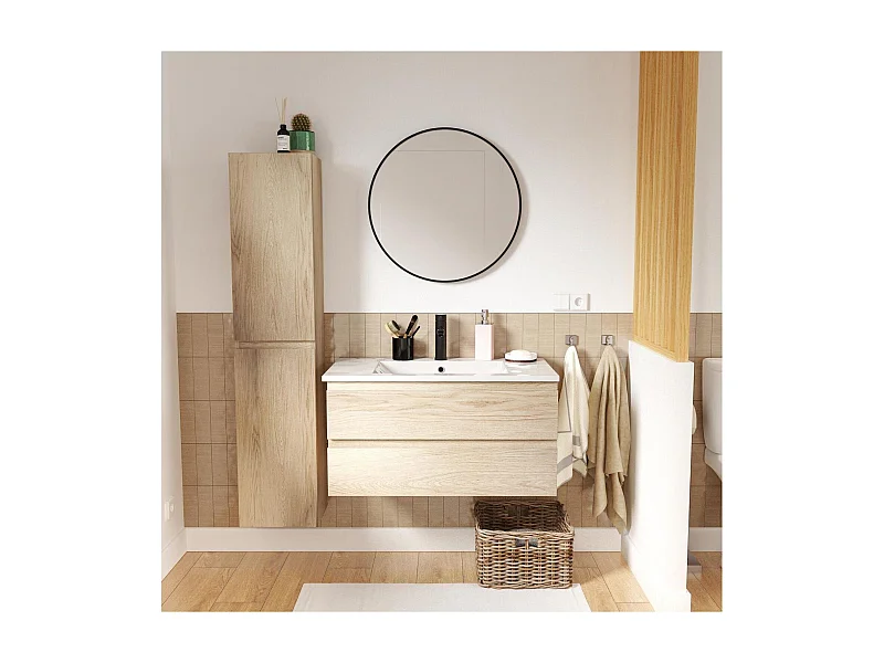Ensemble meuble simple vasque décor chêne 80cm + vasque + robinet + miroir + colonne