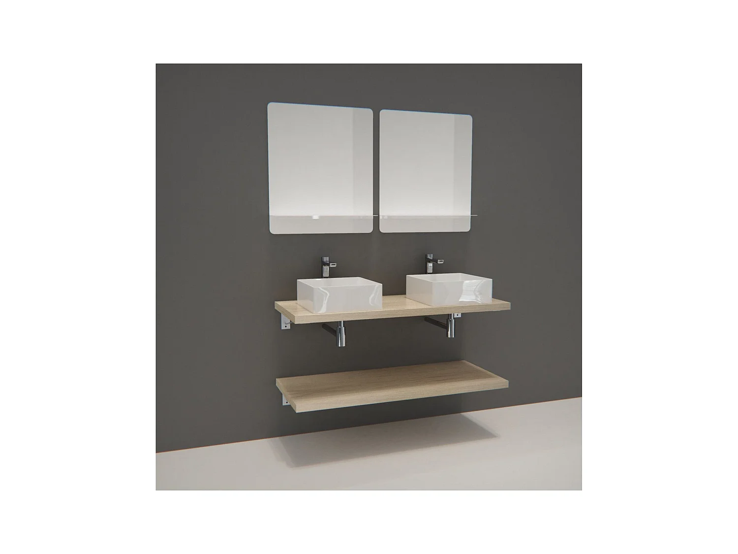 Meuble de Salle de Bain WILL - Plan suspendu 120 cm + Equerres invisibles + 2 Vasques + 2 Miroirs