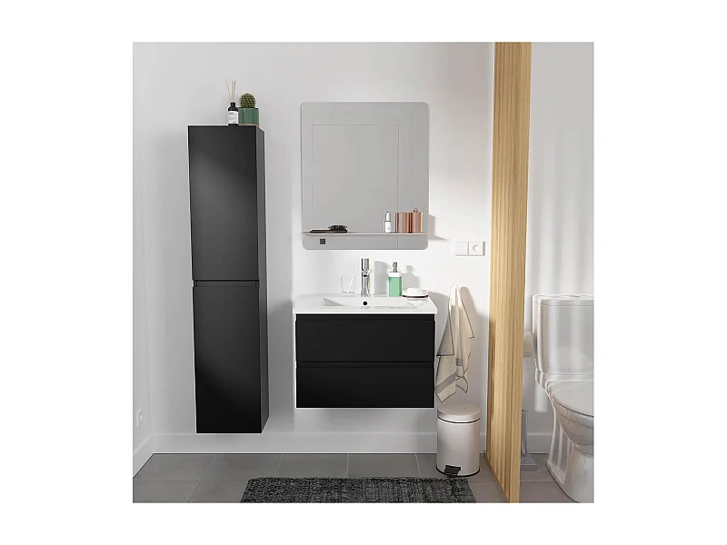 Ensemble meuble simple vasque noir carbone 60cm + vasque + miroir + colonne