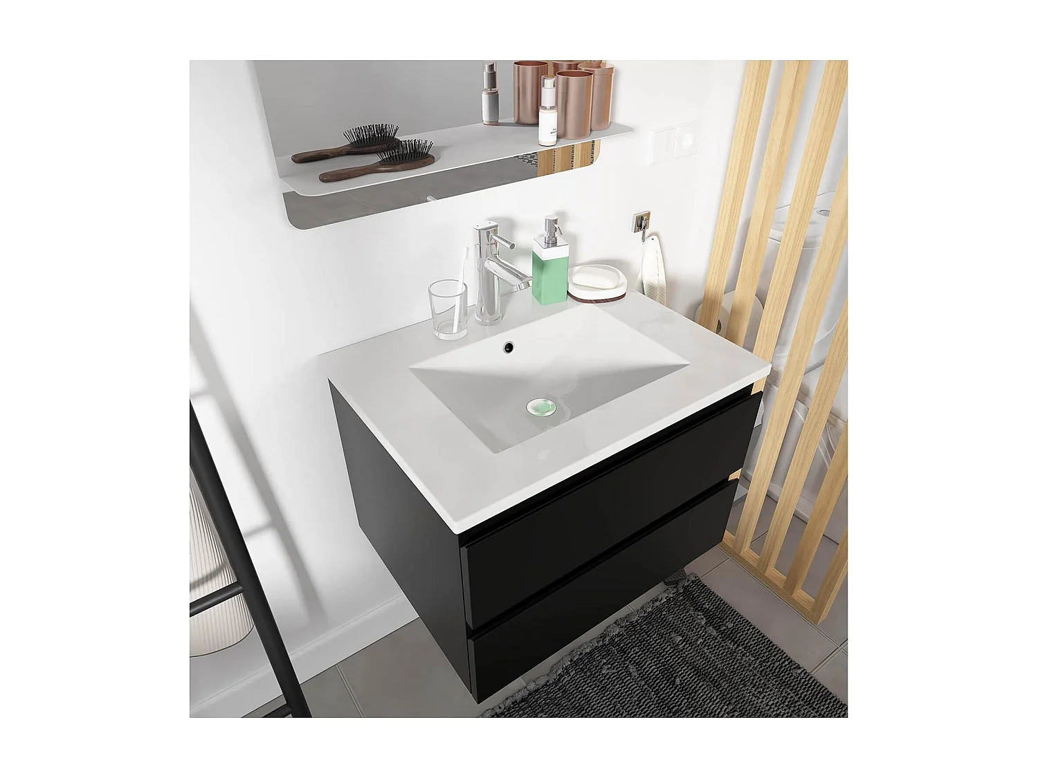 Ensemble meuble simple vasque noir carbone 60cm + vasque + miroir + colonne