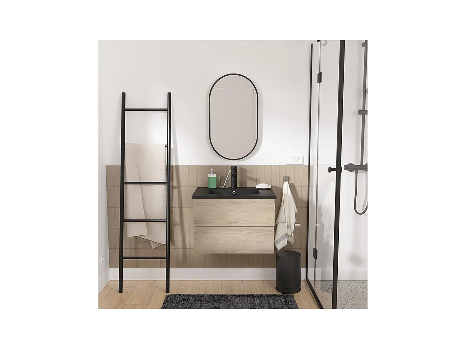 Ensemble meuble simple vasque décor chêne 60cm + vasque noire + robinet + miroir