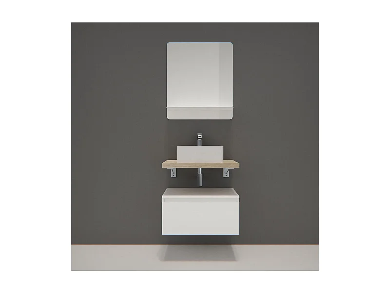 Meuble de Salle de Bain WILL - Plan suspendu 60 cm + Meuble tiroir + Vasque + Miroir + Equerres