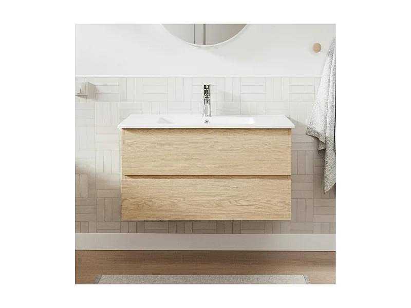 Ensemble meuble simple vasque décor chêne 80cm + vasque + robinet