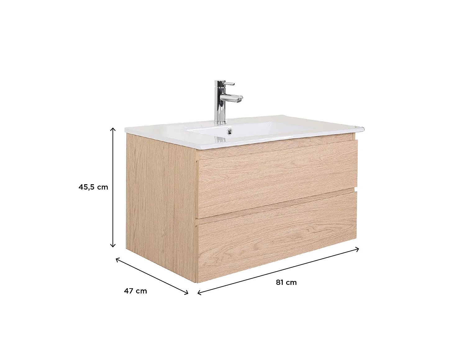 Wastafelmeubel met enkele wastafel van 80 cm, eikenhouten afwerking en SORRENTO-kraan