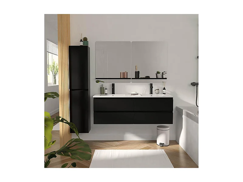 Lavabo doble 120cm con encimera cerámica SORRENTO Negro + espejo + columna