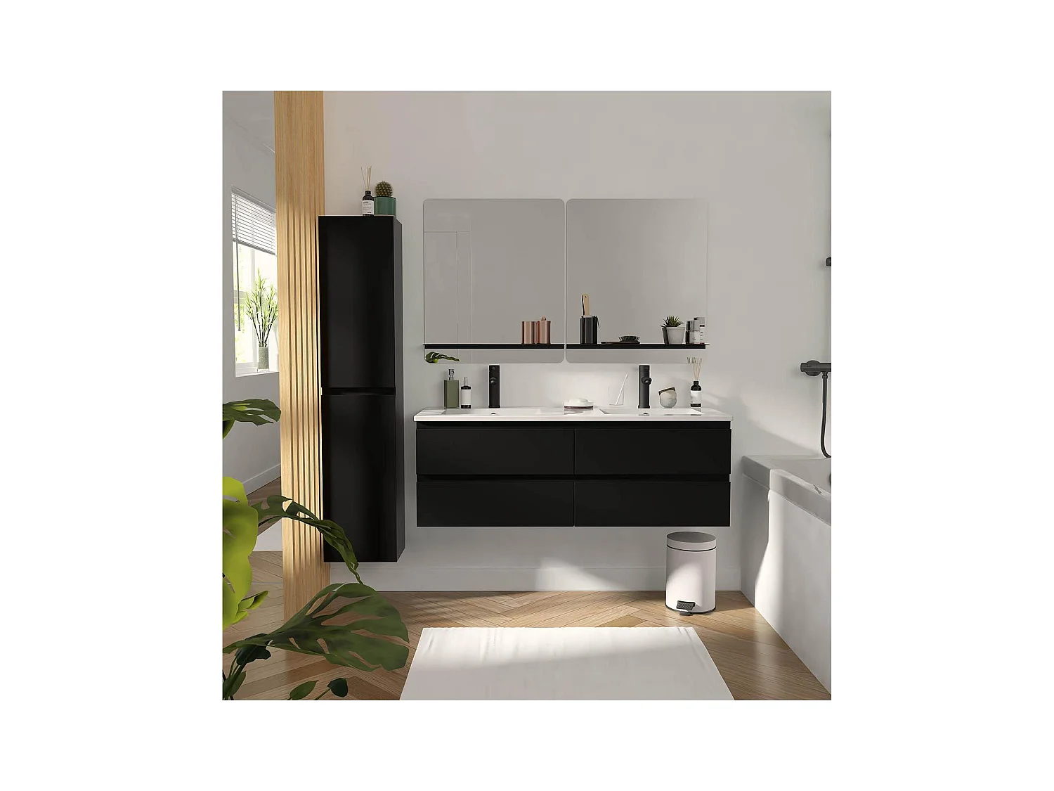 Lavabo doble 120cm con encimera cerámica SORRENTO Negro + espejo + columna