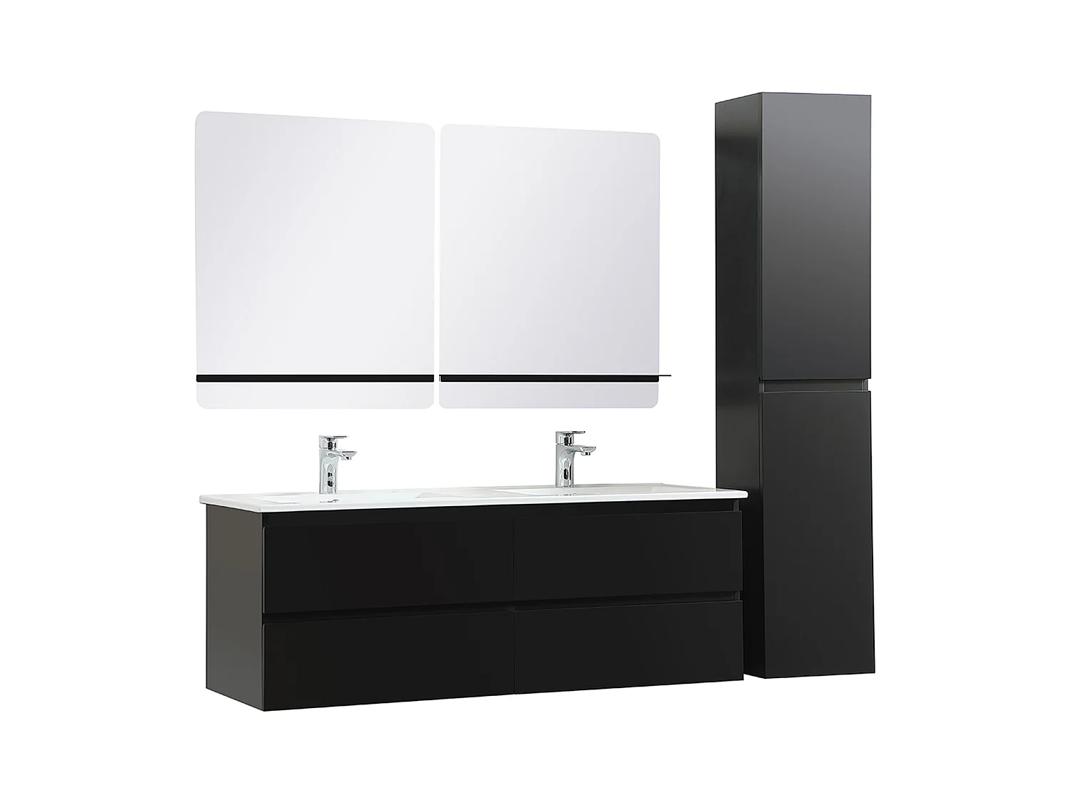 Lavabo doble 120cm con encimera cerámica SORRENTO Negro + espejo + columna