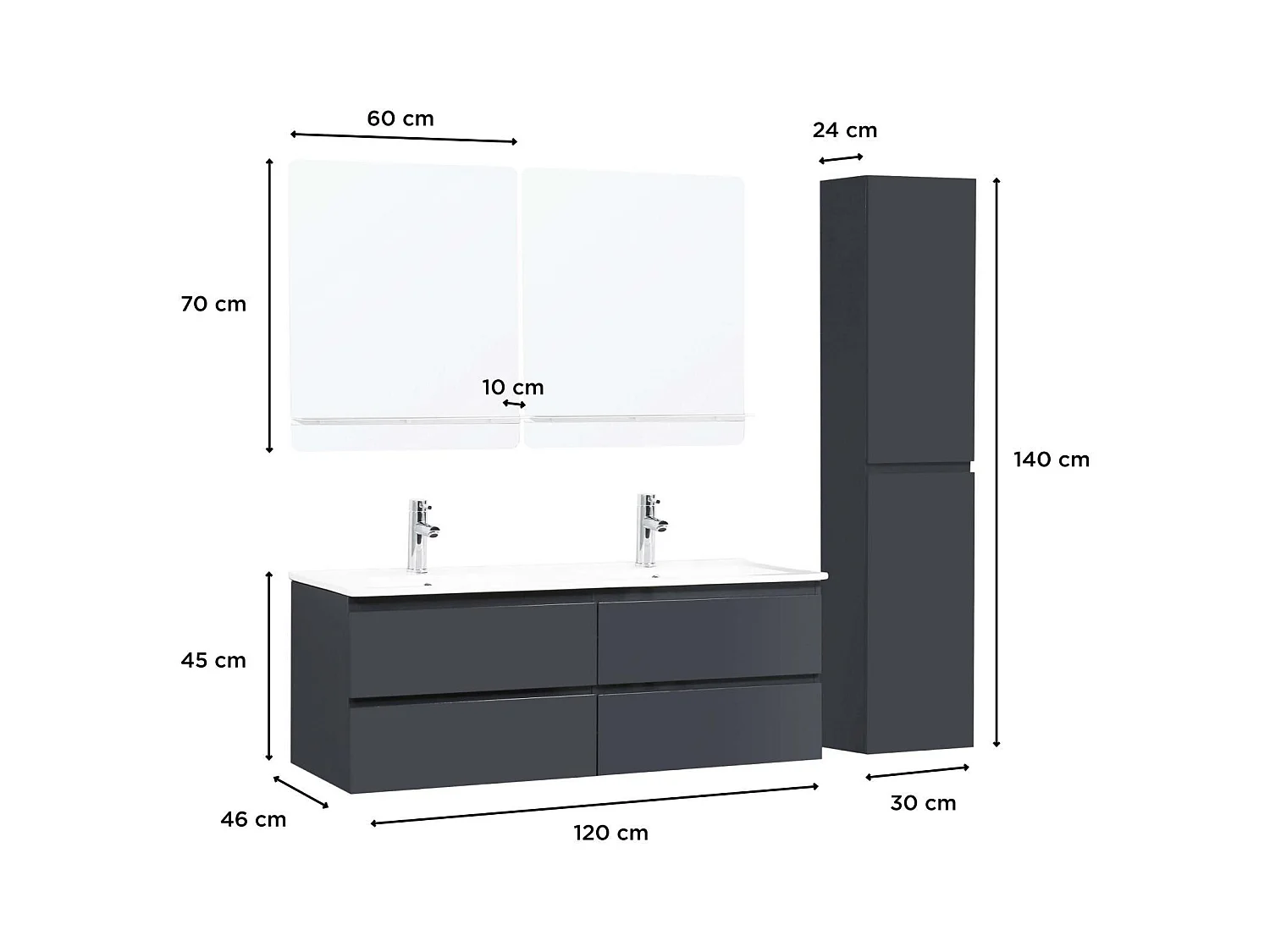 Lavabo doble 120cm con encimera cerámica SORRENTO Negro + espejo + columna