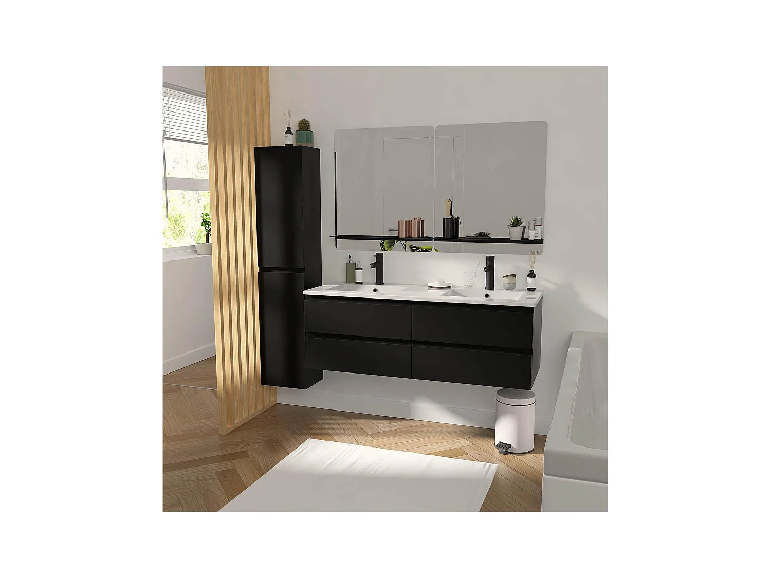 Lavabo doble 120cm con encimera cerámica SORRENTO Negro + espejo + columna
