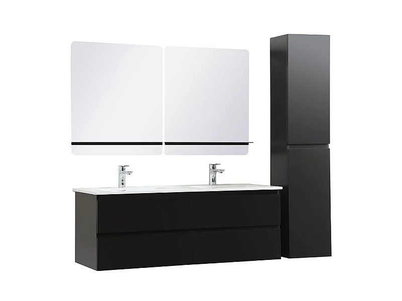 Meuble double vasque 120cm avec plan céramique SORRENTO Noir + miroir +colonne