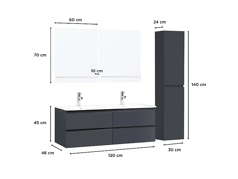 Meuble double vasque 120cm avec plan céramique SORRENTO Noir + miroir +colonne