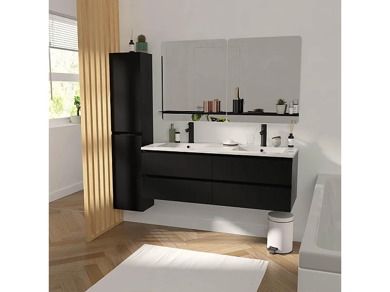 Meuble double vasque 120cm avec plan céramique SORRENTO Noir + miroir +colonne