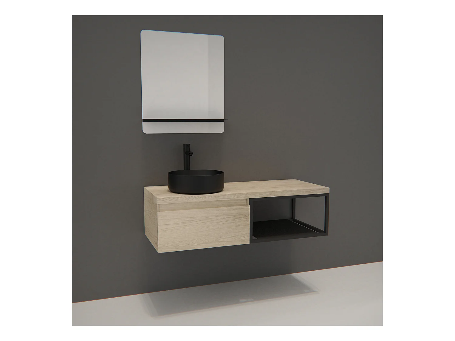 Meuble de salle de bain bois et métal 120cm avec vasque noire et miroir WILL