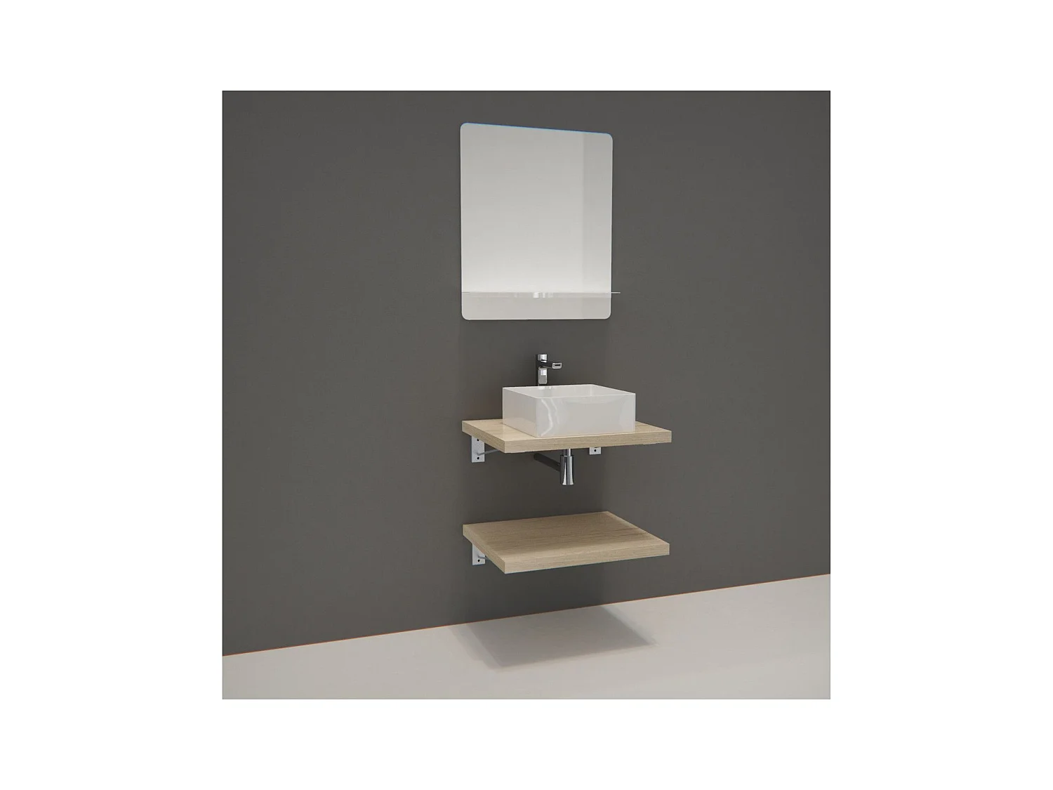 Meuble de Salle de Bain WILL - 2 Plans suspendus 60 cm + Vasque + Miroir + Equerres