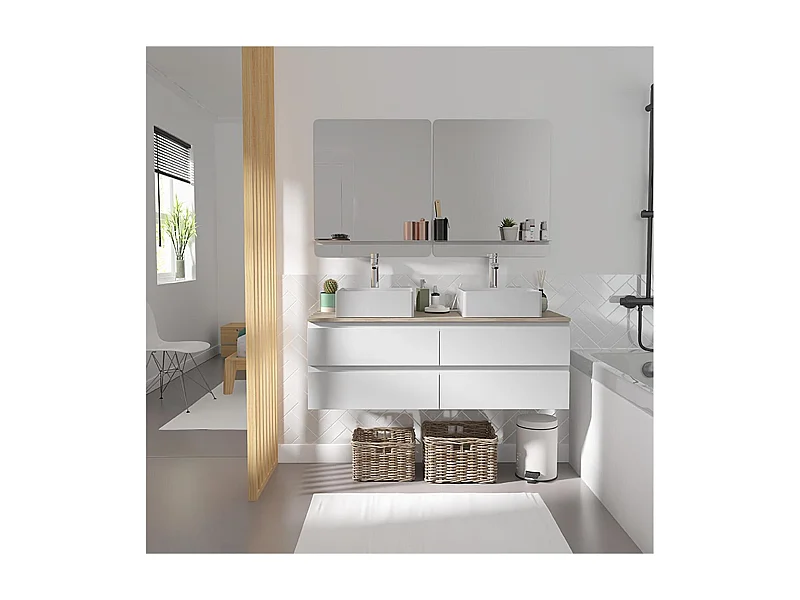 Ensemble double vasque suspendu 120cm avec plan bois, vasques, robinets et miroirs