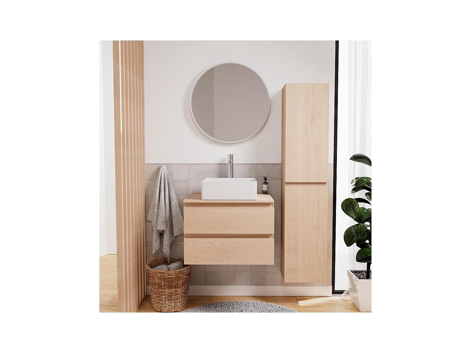Ensemble meuble simple vasque 60 cm + vasque COMA + robinet TAP + miroir EMA + colonne SORRENTO