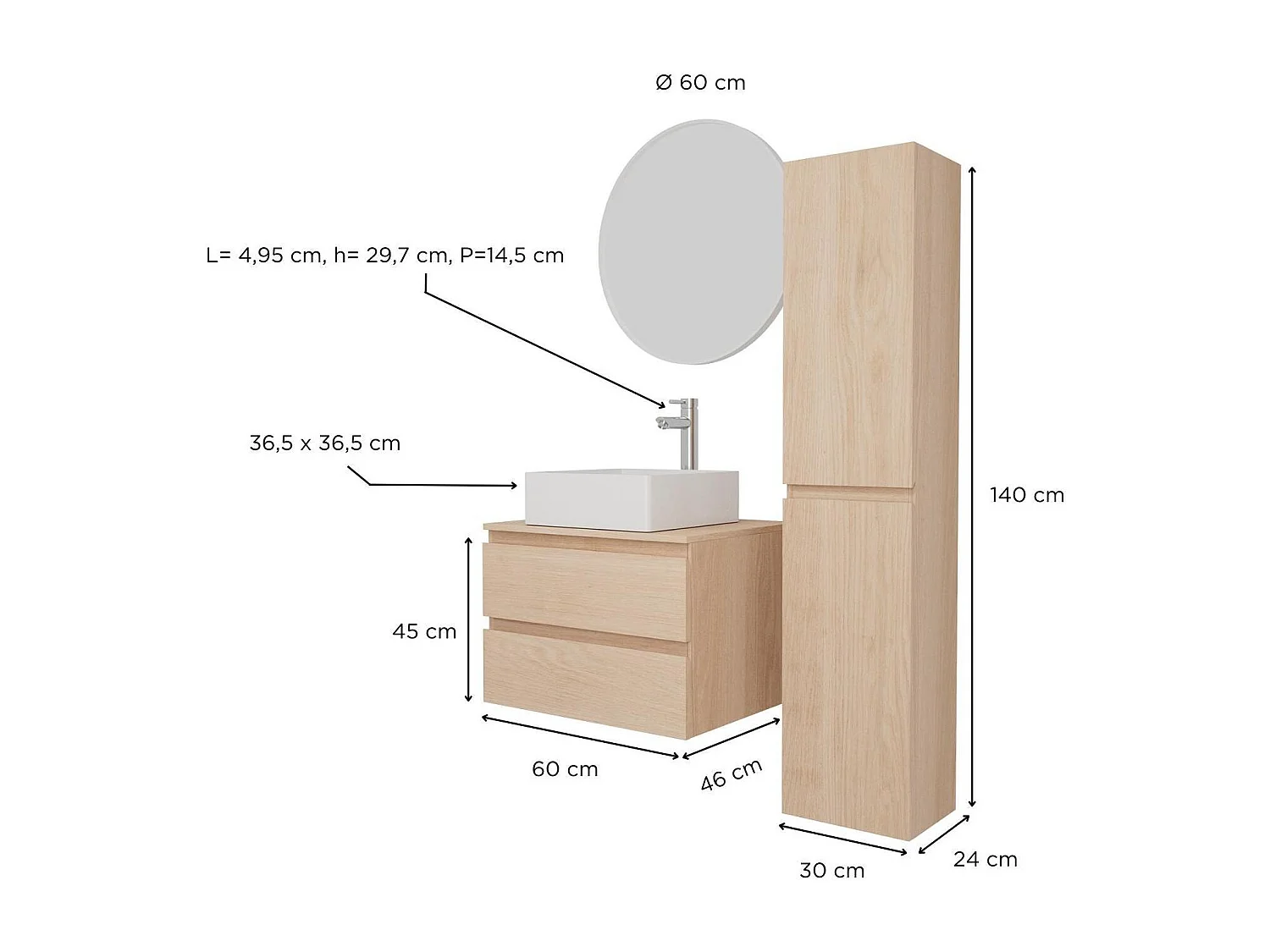 Conjunto mueble con lavabo simple 60 cm + lavabo + grifo + espejo + columna SORRENTO