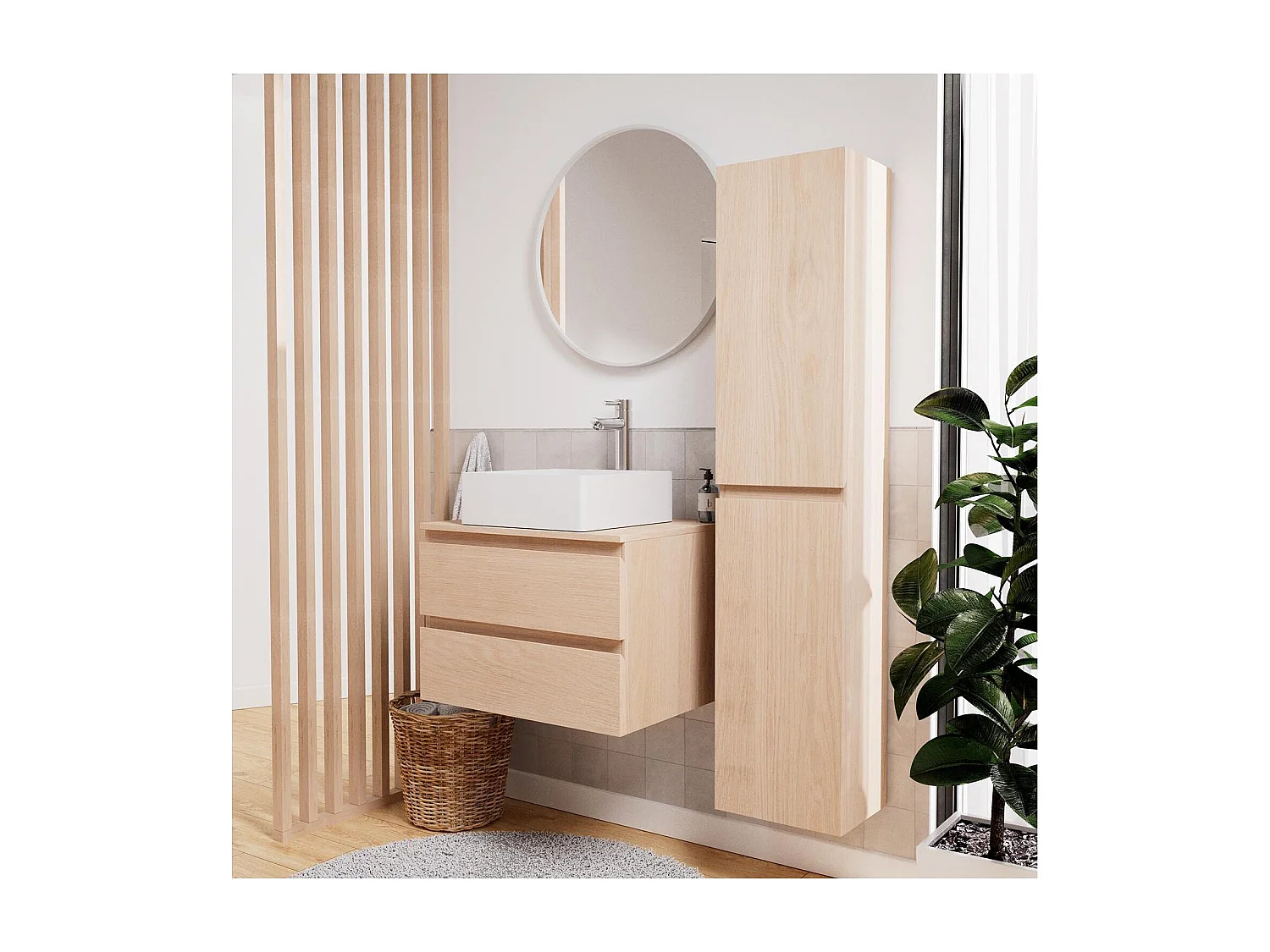 Conjunto mueble con lavabo simple 60 cm + lavabo + grifo + espejo + columna SORRENTO