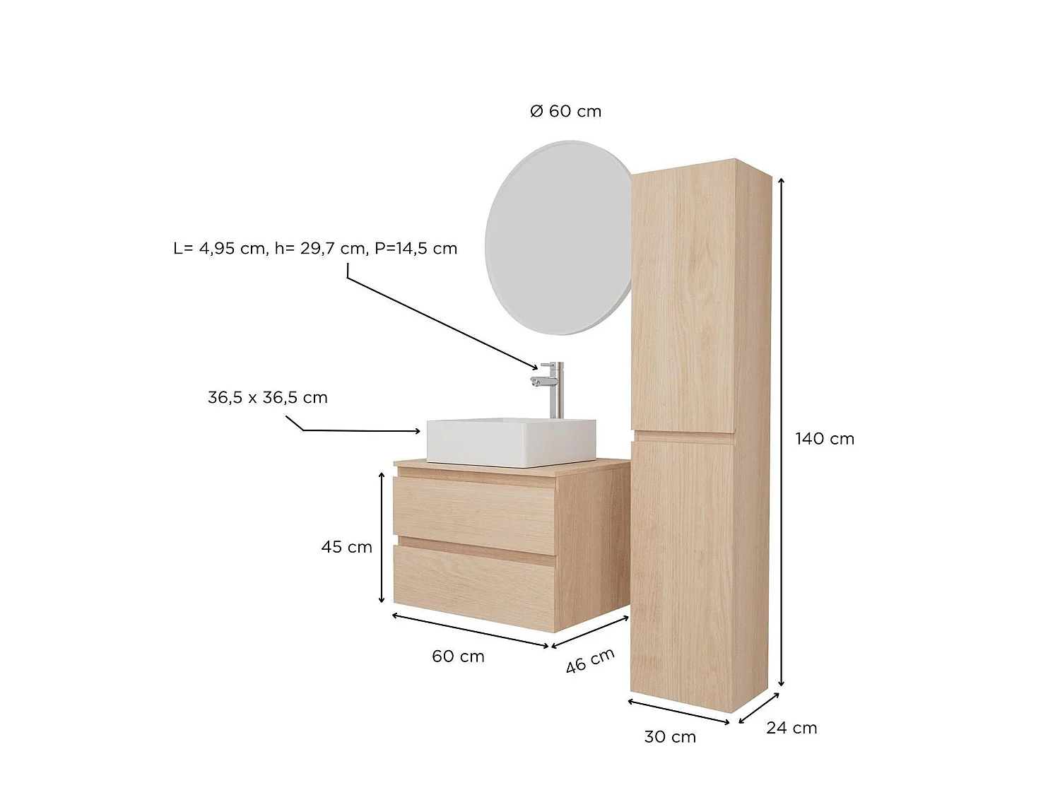 Enkele wastafelmeubelset 60 cm + wastafel + kraan + spiegel + SORRENTO kolom