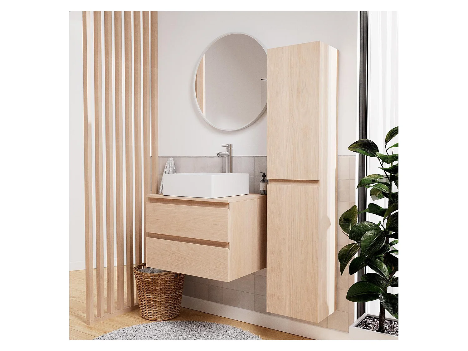 Enkele wastafelmeubelset 60 cm + wastafel + kraan + spiegel + SORRENTO kolom