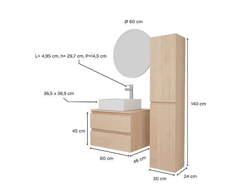 Enkele wastafelmeubelset 60 cm + wastafel + kraan + spiegel + SORRENTO kolom