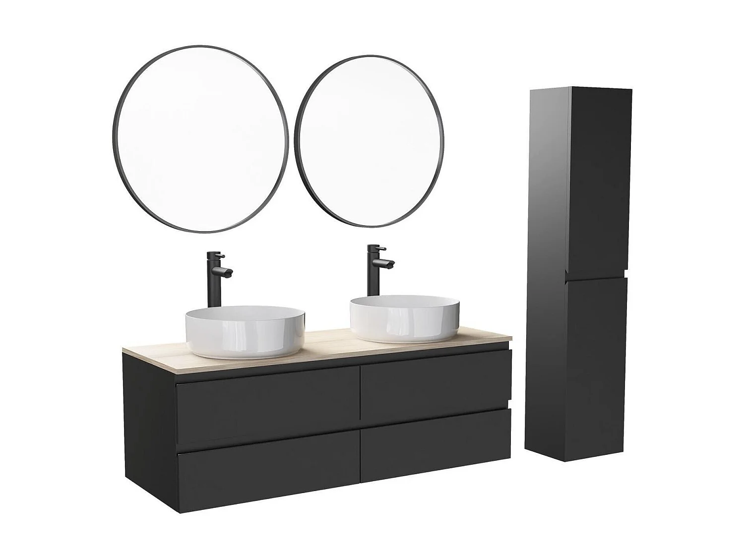 Ensemble double vasque suspendu 120cm avec plan bois, vasques, robinets, miroirs et colonne