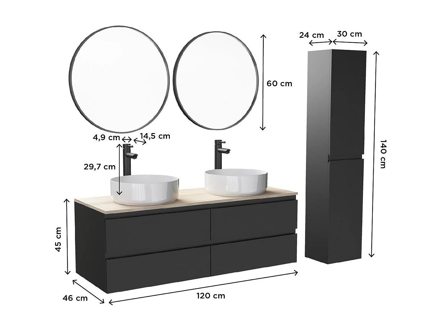 Ensemble double vasque suspendu 120cm avec plan bois, vasques, robinets, miroirs et colonne