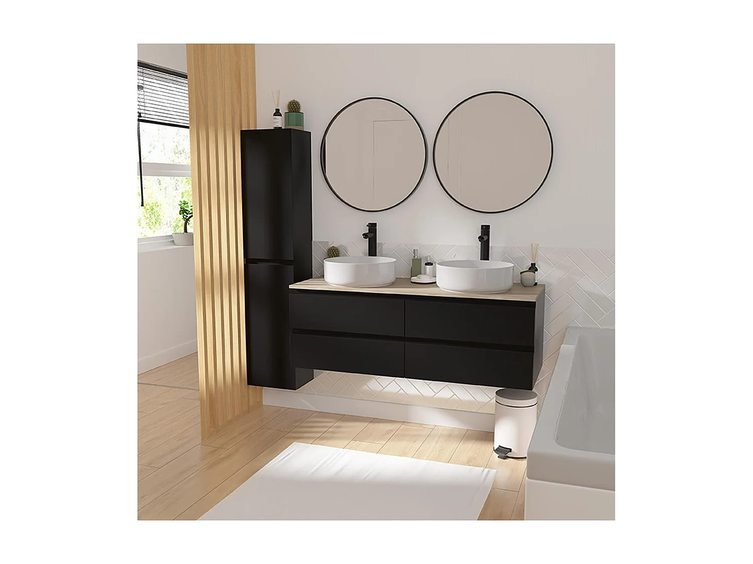 Ensemble double vasque suspendu 120cm avec plan bois, vasques, robinets, miroirs et colonne