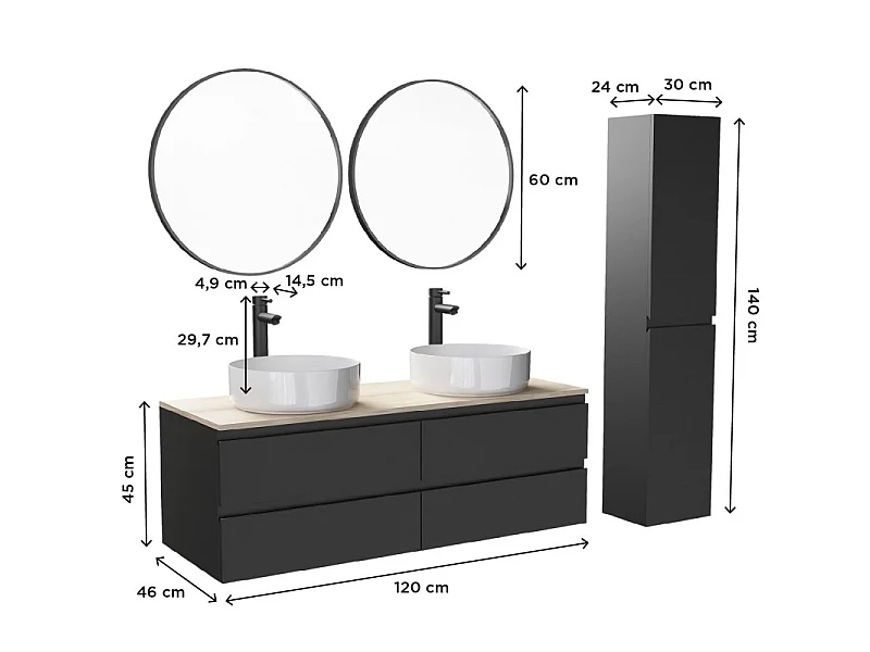 Ensemble meuble double vasque SORRENTO suspendu avec colonne 120cm