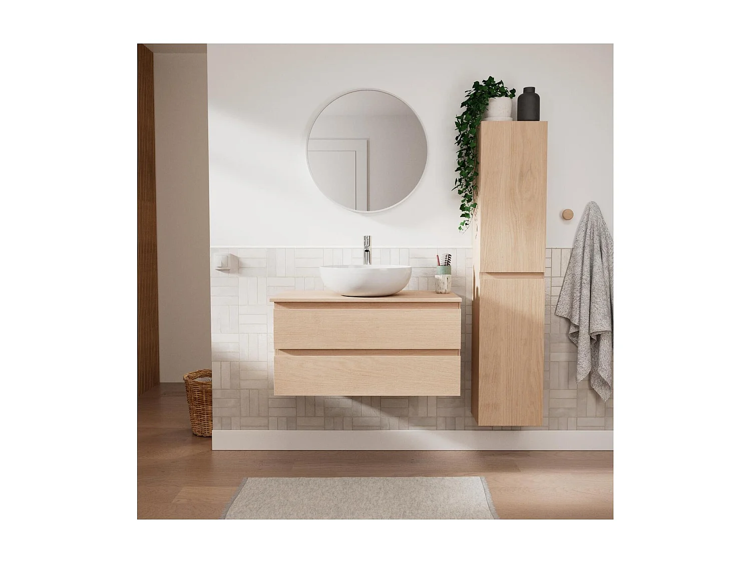 Ensemble meuble simple vasque 80 cm + vasque SACHA + robinet TAP + miroir EMA + colonne SORRENTO