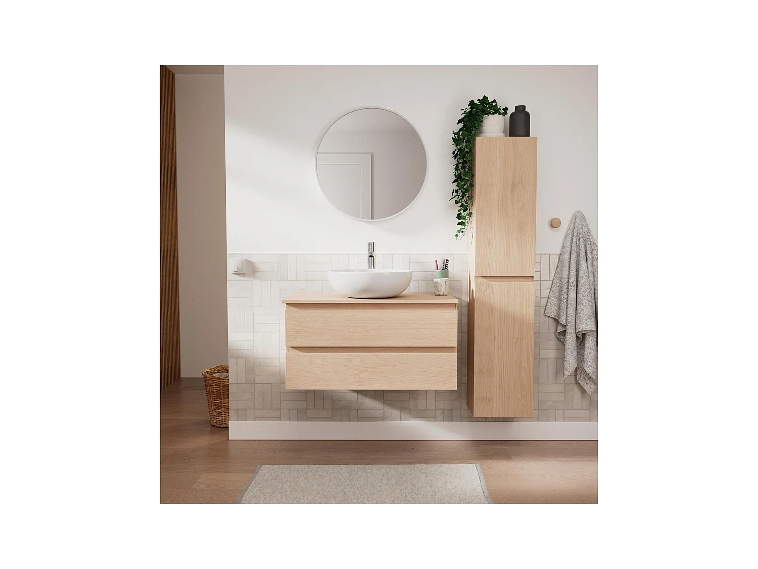 Conjunto mueble simple lavabo 80 cm + lavabo + grifo + espejo + columna SORRENTO