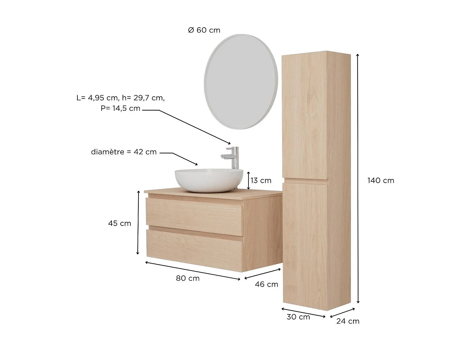Enkele wastafelmeubelset 80 cm + wastafel + kraan + spiegel + SORRENTO kolom