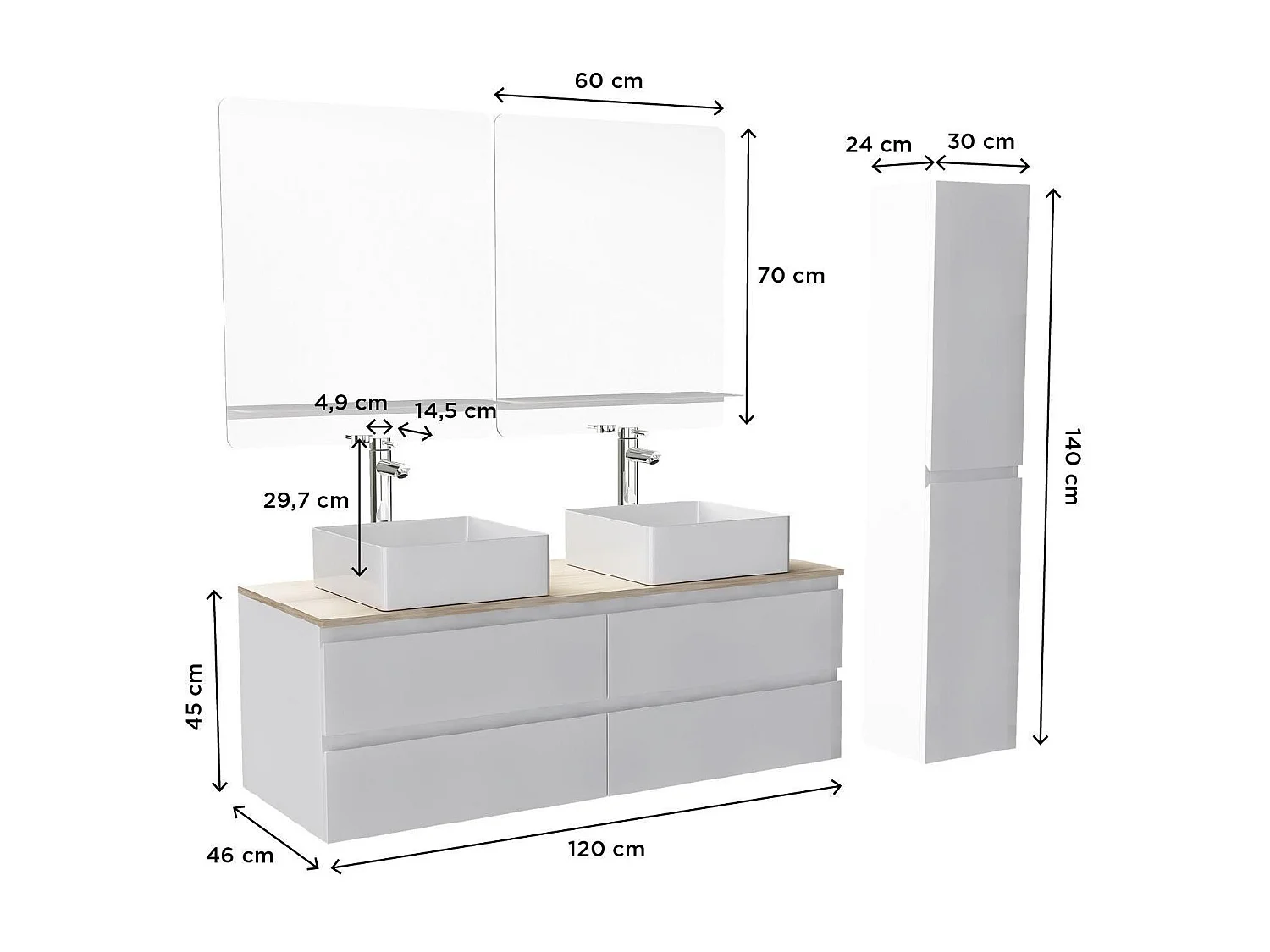 SORRENTO 120 cm Wand-Doppelwaschbecken