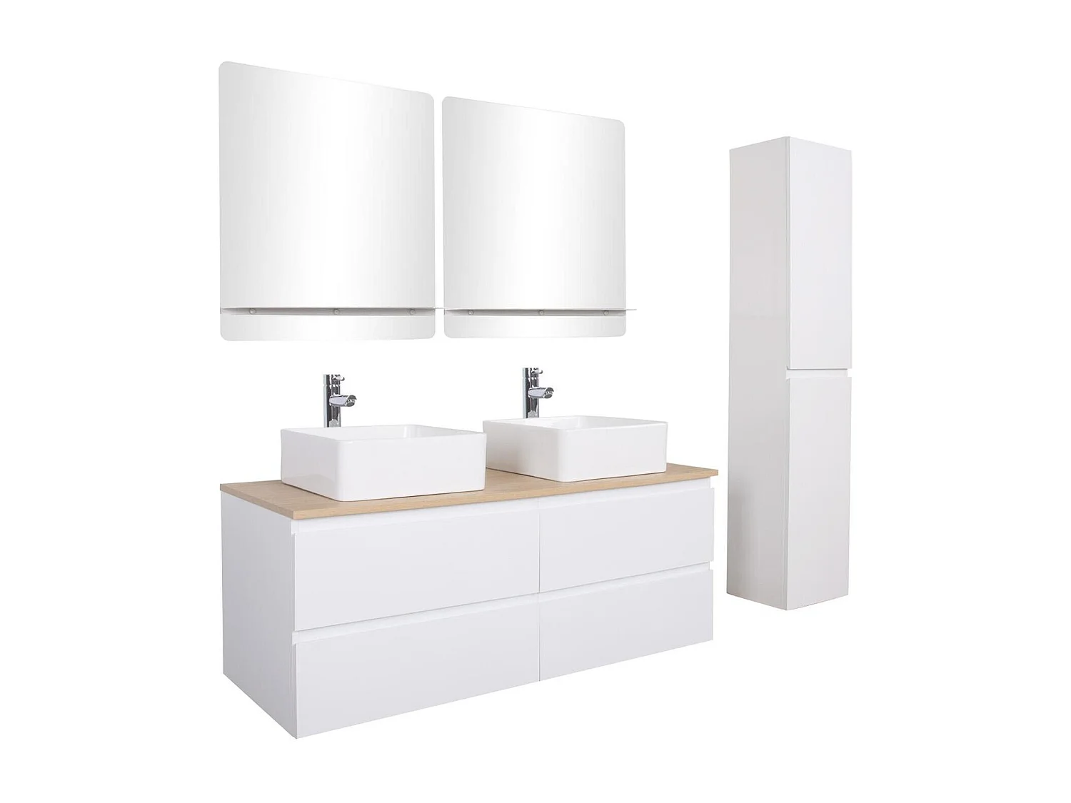 Ensemble double vasque suspendu 120cm avec plan bois, vasques, robinets, miroirs et colonne