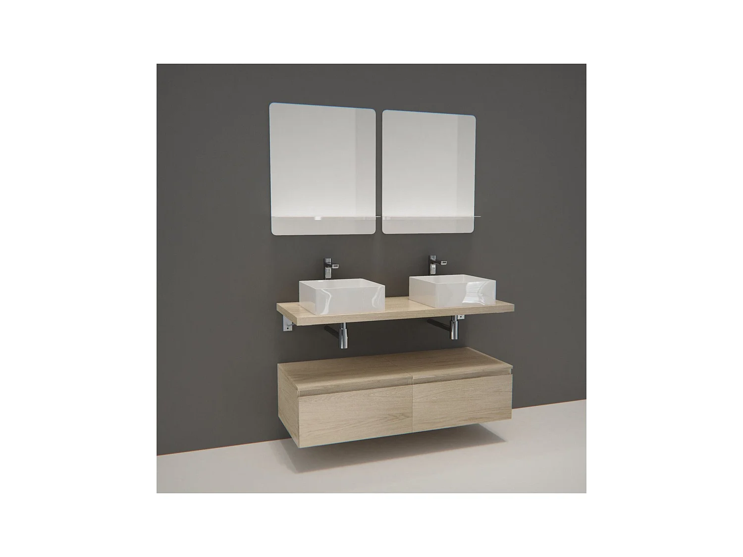 Meuble de Salle de Bain WILL - Plan suspendu 120 cm + Equerres + Meubles tiroir + Vasques + Miroirs