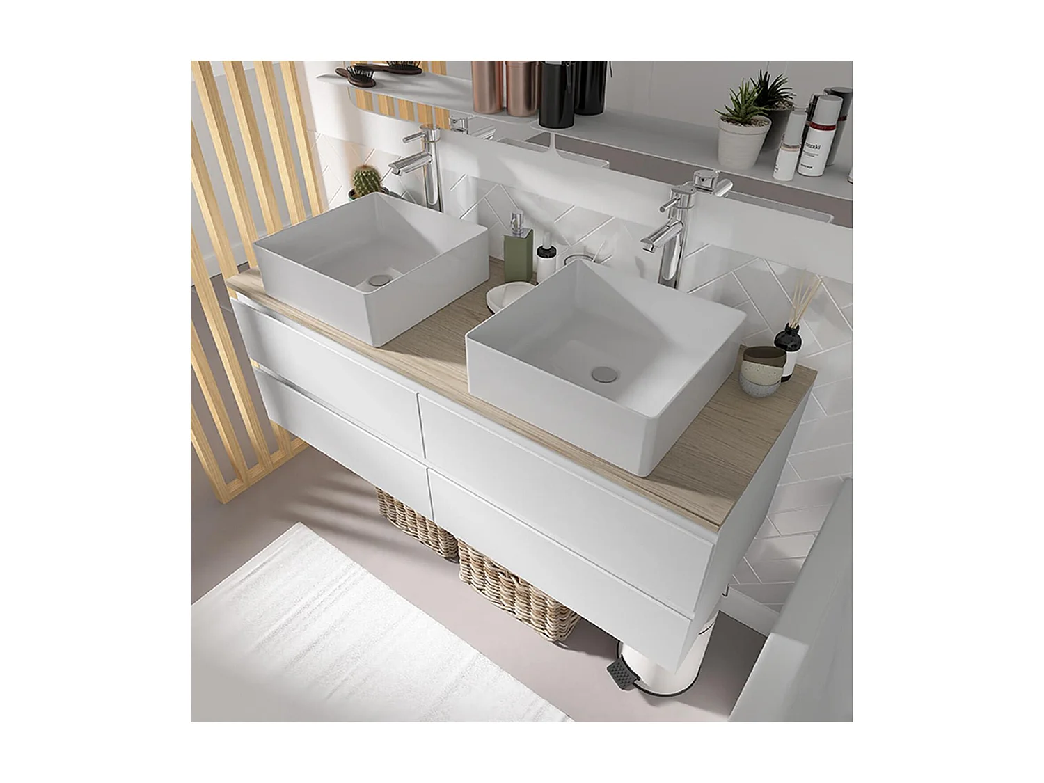 Ensemble double vasque suspendu 120cm avec plan bois et vasques à poser