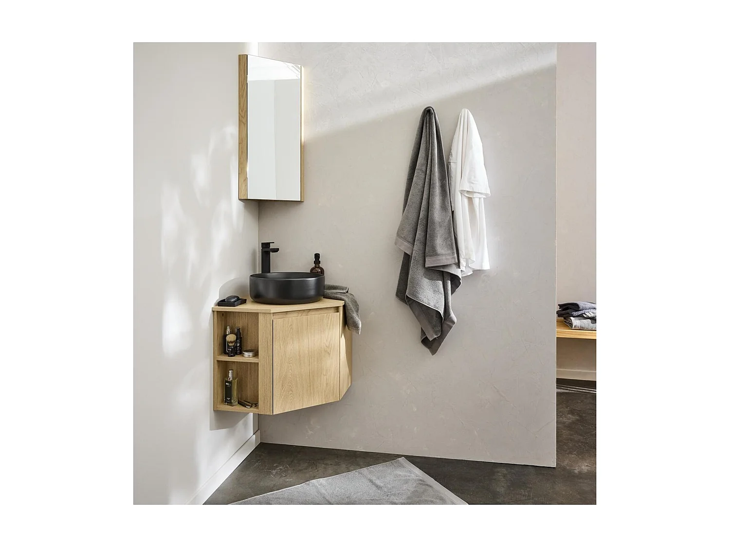 Ensemble meuble sous vasque d'angle avec vasque noire