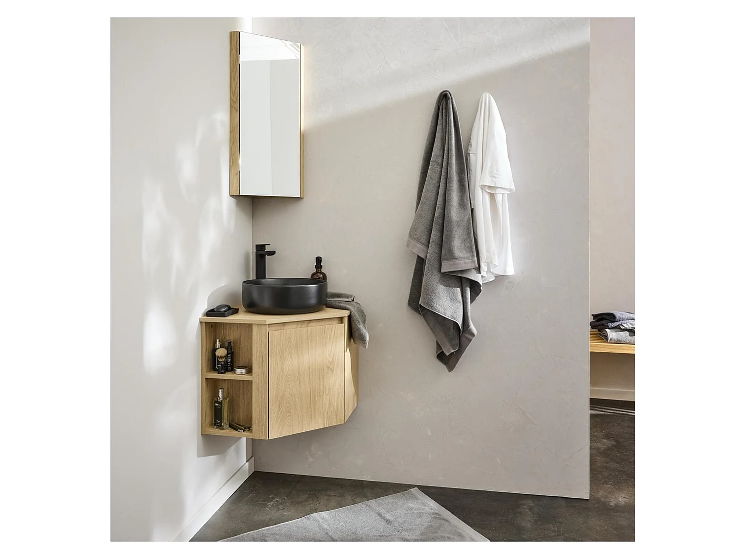 Conjunto mueble de lavabo de esquina + lavabo negro SORRENTO