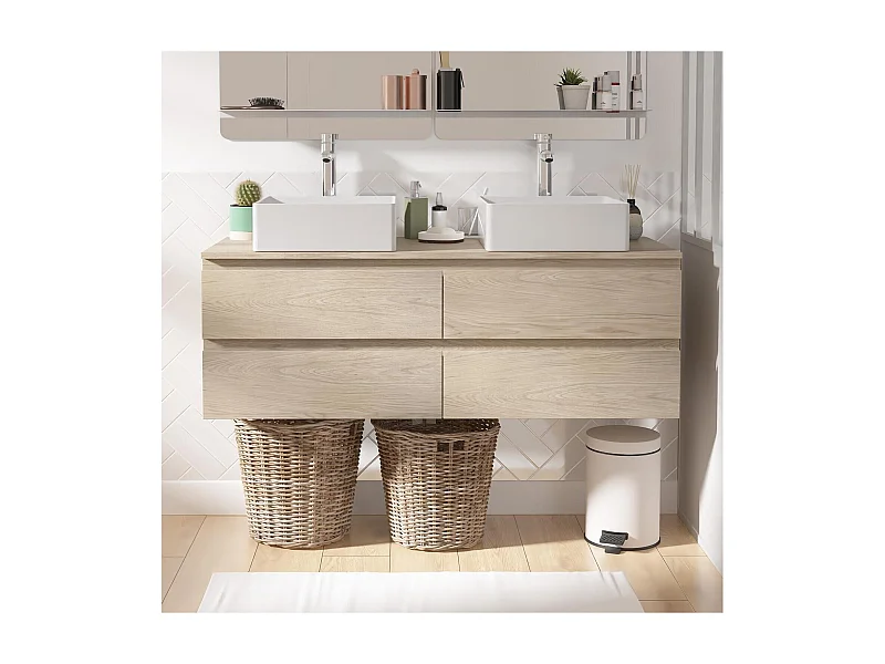 Mueble de pared SORRENTO de 120 cm con doble seno y encimera de madera, lavabos y grifería