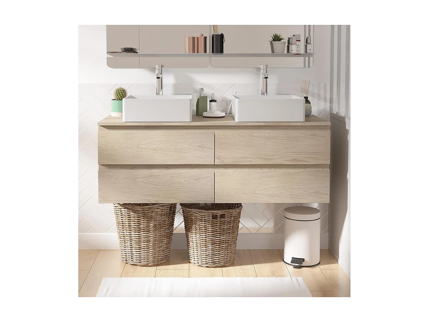 Ensemble double vasque suspendu avec plan bois, vasques et robinets 120 cm