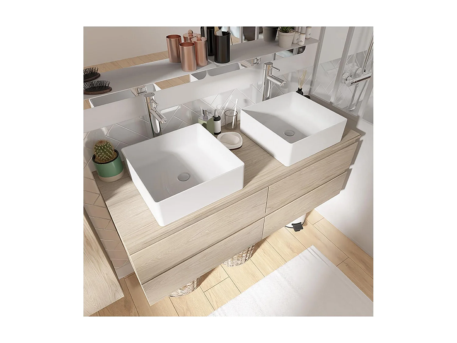 Mobile doppio lavello sospeso SORRENTO da 120 cm con piano in legno, vasche e rubinetteria