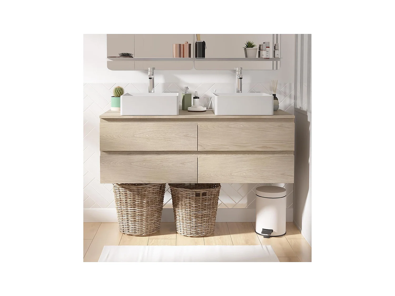 Ensemble double vasque suspendu avec plan bois, vasques et robinets 120 cm